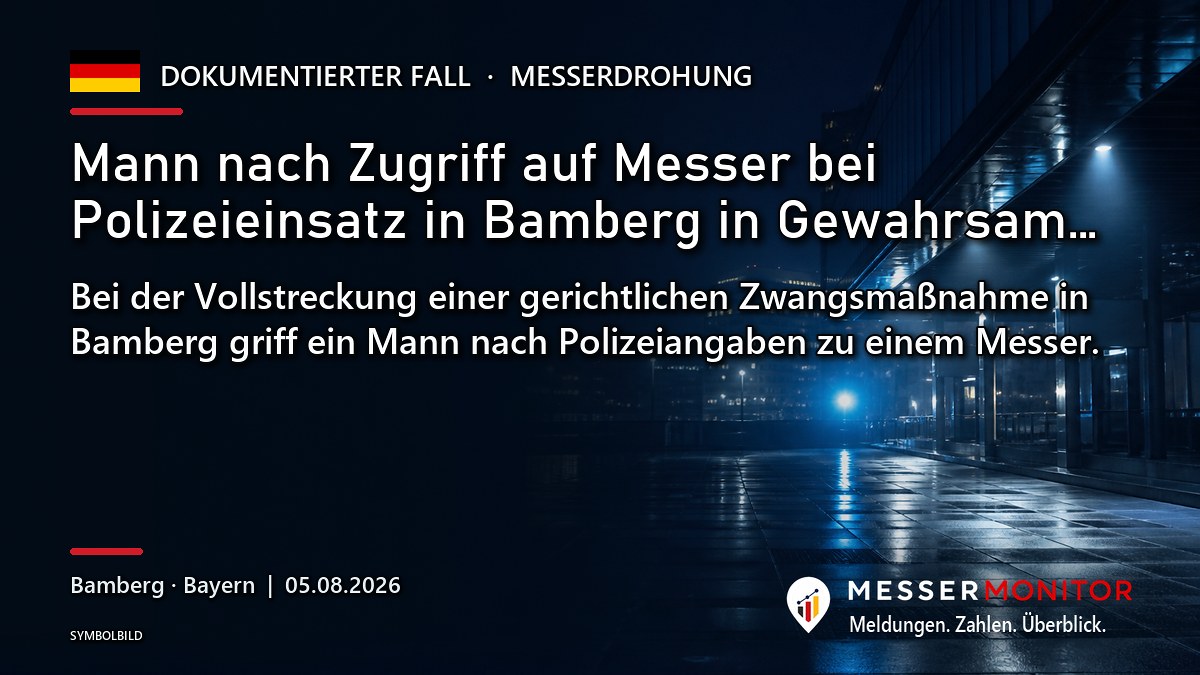 Titelgrafik: Mann nach Zugriff auf Messer bei Polizeieinsatz in Bamberg in Gewahrsam…. Bei der Vollstreckung einer gerichtlichen Zwangsmaßnahme in Bamberg griff ein Mann nach Polizeiangaben zu einem Messer..