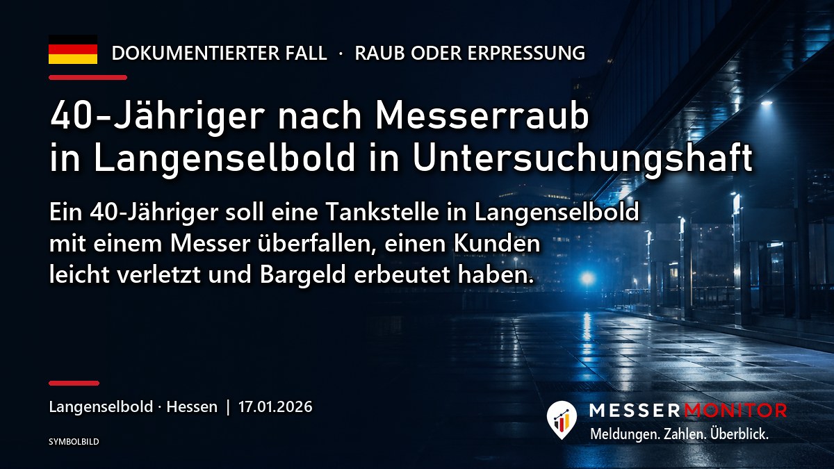 Titelgrafik: 40-Jähriger nach Messerraub in Langenselbold in Untersuchungshaft. Ein 40-Jähriger soll eine Tankstelle in Langenselbold mit einem Messer überfallen, einen Kunden leicht verletzt und Bargeld erbeutet haben..