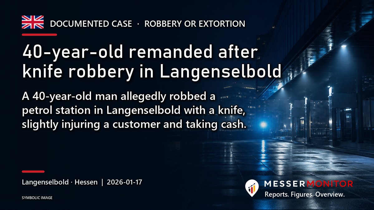 Title image: 40-year-old remanded after knife robbery in Langenselbold. A 40-year-old man allegedly robbed a petrol station in Langenselbold with a knife, slightly injuring a customer and taking cash..
