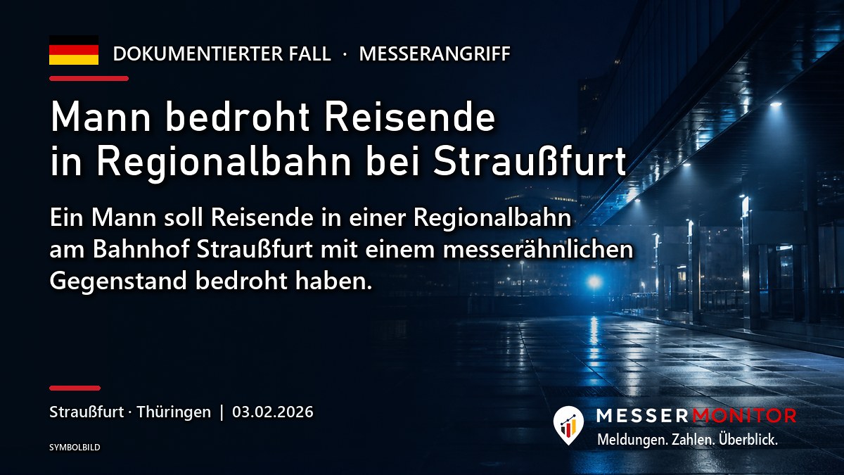 Titelgrafik: Mann bedroht Reisende in Regionalbahn bei Straußfurt. Ein Mann soll Reisende in einer Regionalbahn am Bahnhof Straußfurt mit einem messerähnlichen Gegenstand bedroht haben..