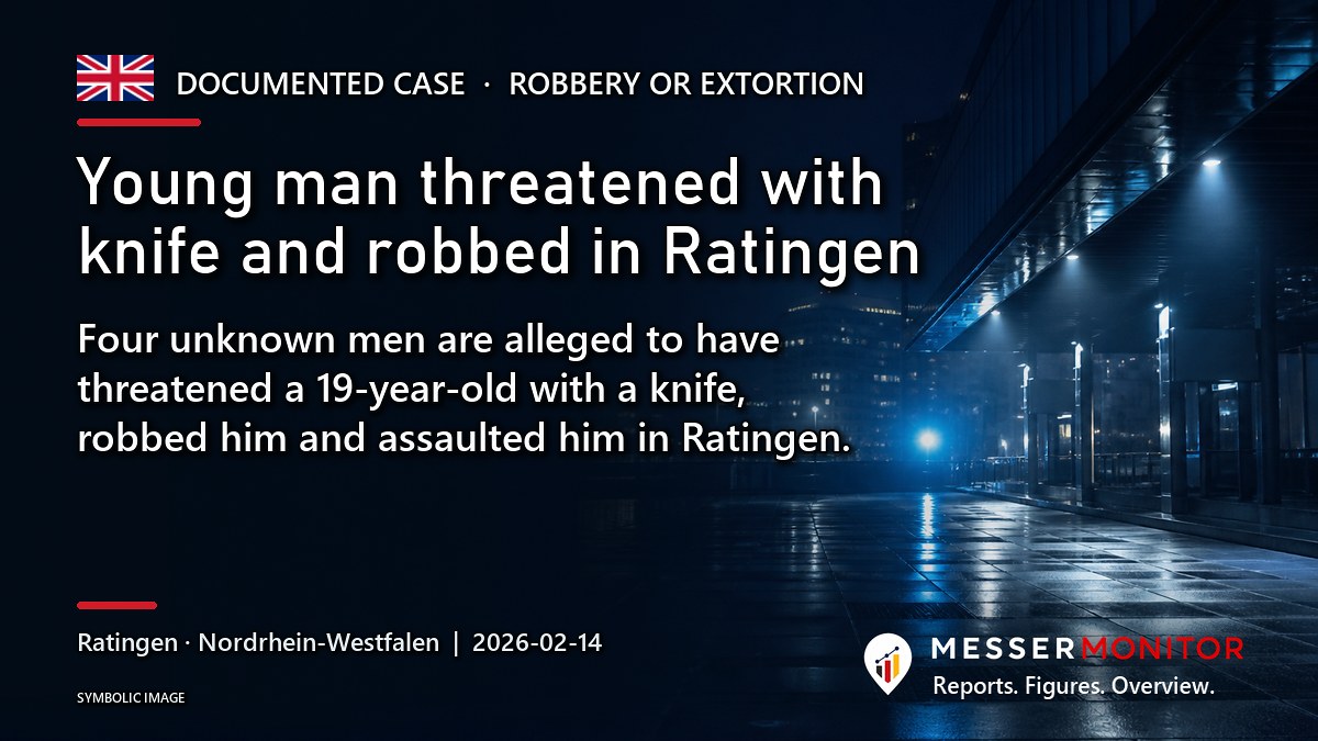 Title image: Young man threatened with knife and robbed in Ratingen. Four unknown men are alleged to have threatened a 19-year-old with a knife, robbed him and assaulted him in Ratingen..