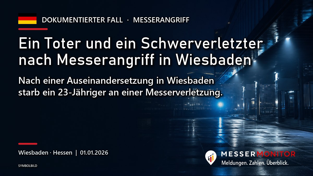 Titelgrafik: Ein Toter und ein Schwerverletzter nach Messerangriff in Wiesbaden. Nach einer Auseinandersetzung in Wiesbaden starb ein 23-Jähriger an einer Messerverletzung..