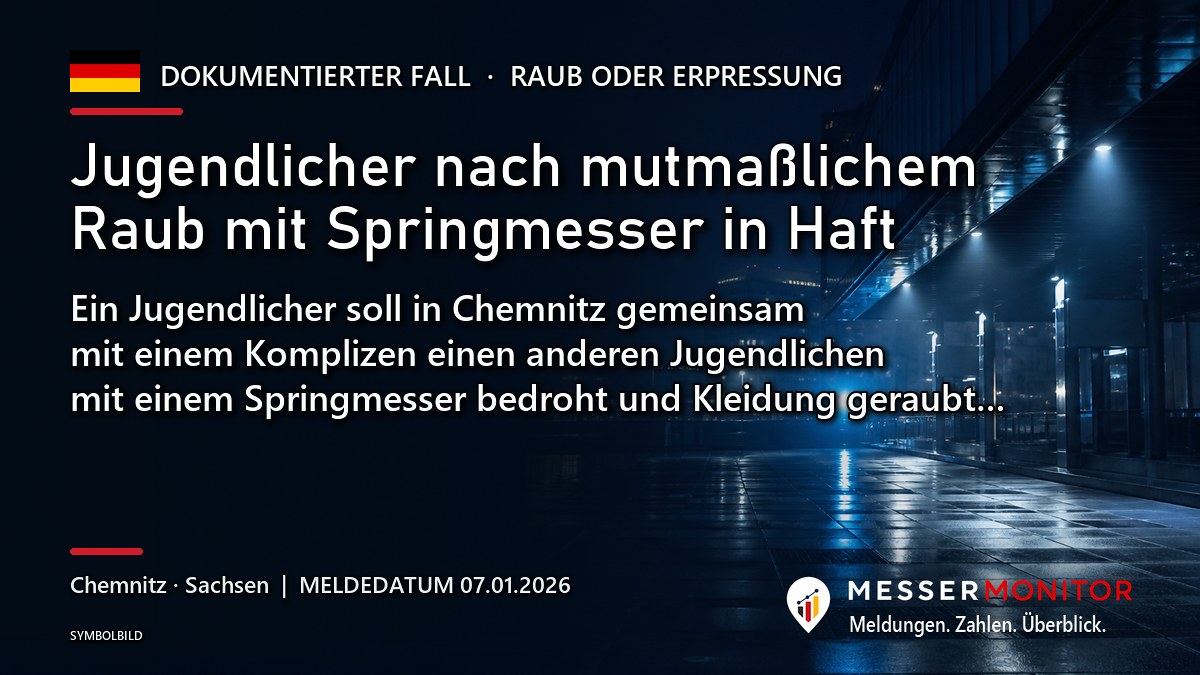 Titelgrafik: Jugendlicher nach mutmaßlichem Raub mit Springmesser in Haft. Ein Jugendlicher soll in Chemnitz gemeinsam mit einem Komplizen einen anderen Jugendlichen mit einem Springmesser bedroht und Kleidung geraubt….