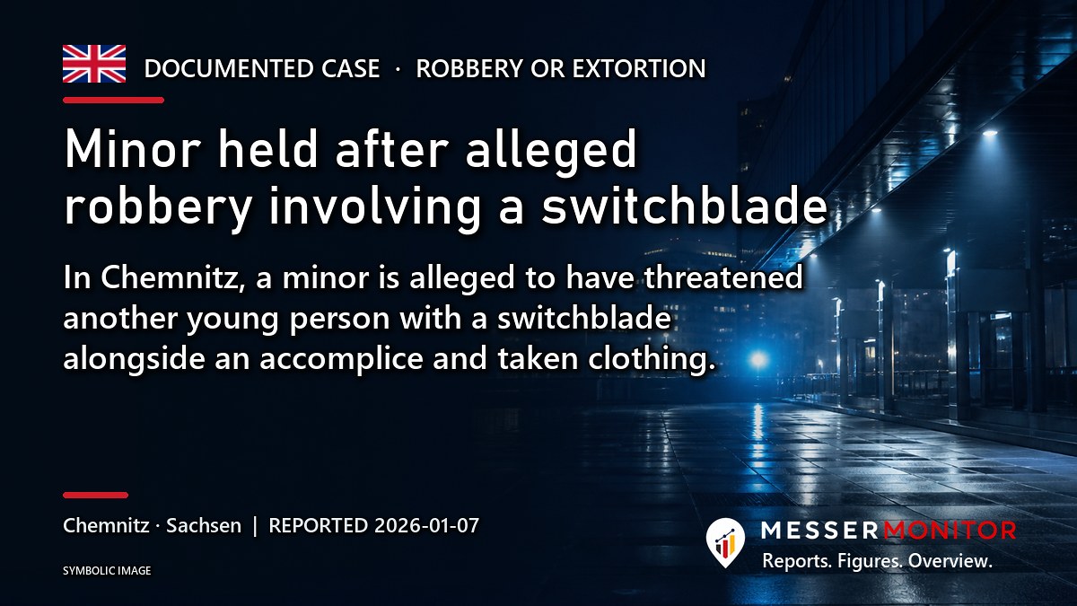 Title image: Minor held after alleged robbery involving a switchblade. In Chemnitz, a minor is alleged to have threatened another young person with a switchblade alongside an accomplice and taken clothing..