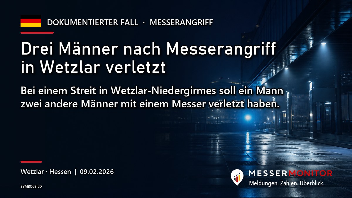 Titelgrafik: Drei Männer nach Messerangriff in Wetzlar verletzt. Bei einem Streit in Wetzlar-Niedergirmes soll ein Mann zwei andere Männer mit einem Messer verletzt haben..