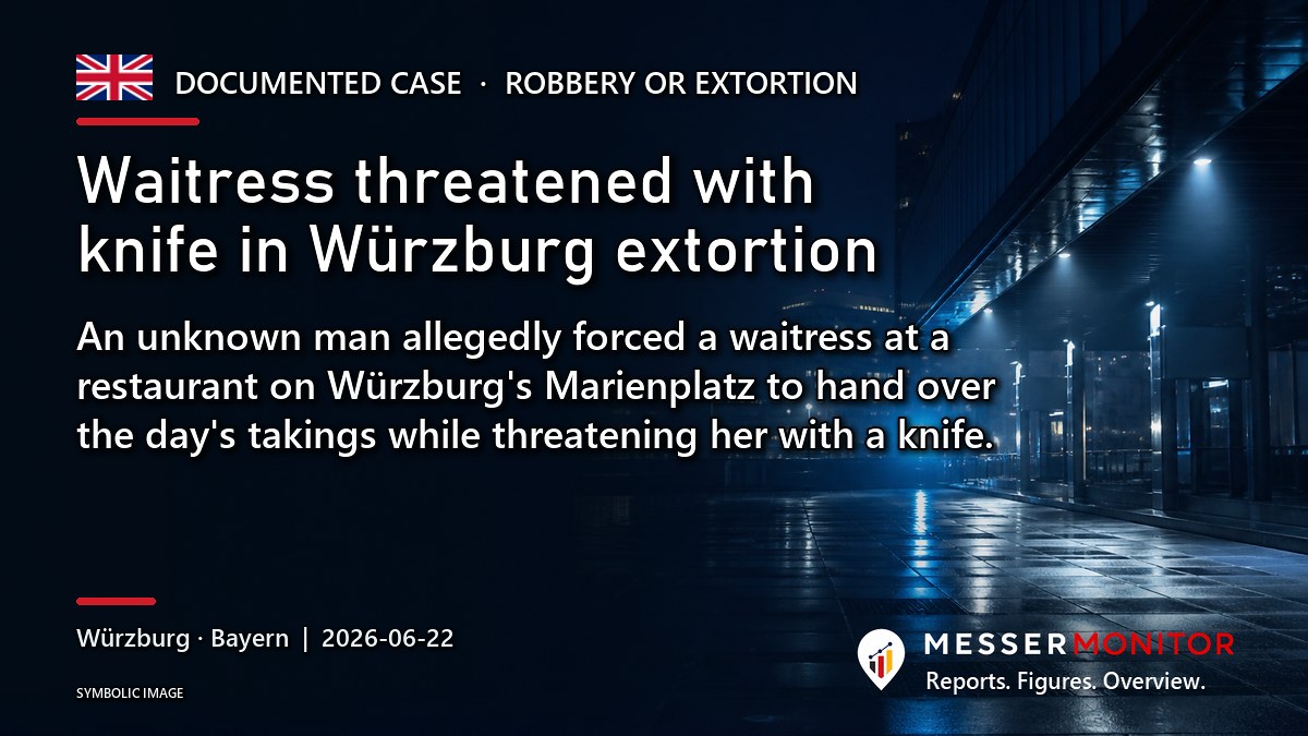 Title image: Waitress threatened with knife in Würzburg extortion. An unknown man allegedly forced a waitress at a restaurant on Würzburg's Marienplatz to hand over the day's takings while threatening her with a knife..
