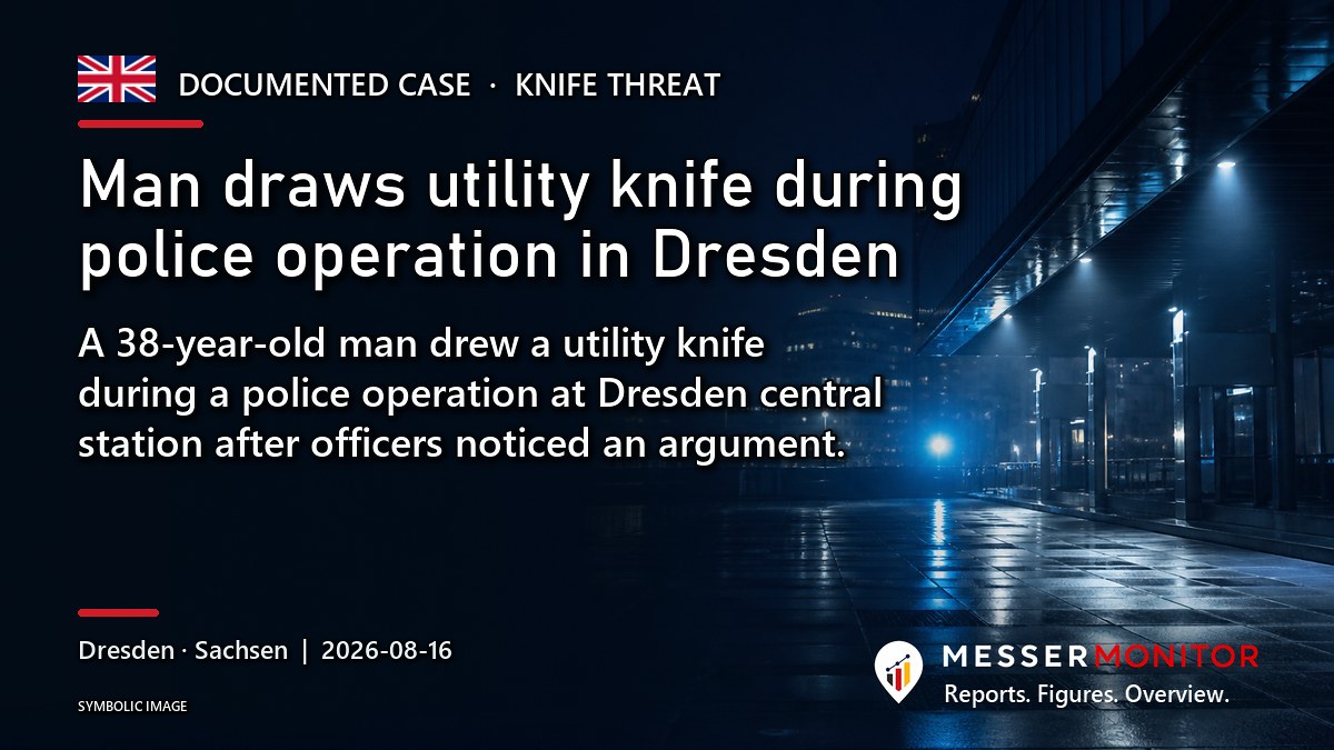 Title image: Man draws utility knife during police operation in Dresden. A 38-year-old man drew a utility knife during a police operation at Dresden central station after officers noticed an argument..