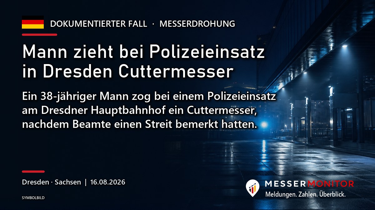 Titelgrafik: Mann zieht bei Polizeieinsatz in Dresden Cuttermesser. Ein 38-jähriger Mann zog bei einem Polizeieinsatz am Dresdner Hauptbahnhof ein Cuttermesser, nachdem Beamte einen Streit bemerkt hatten..