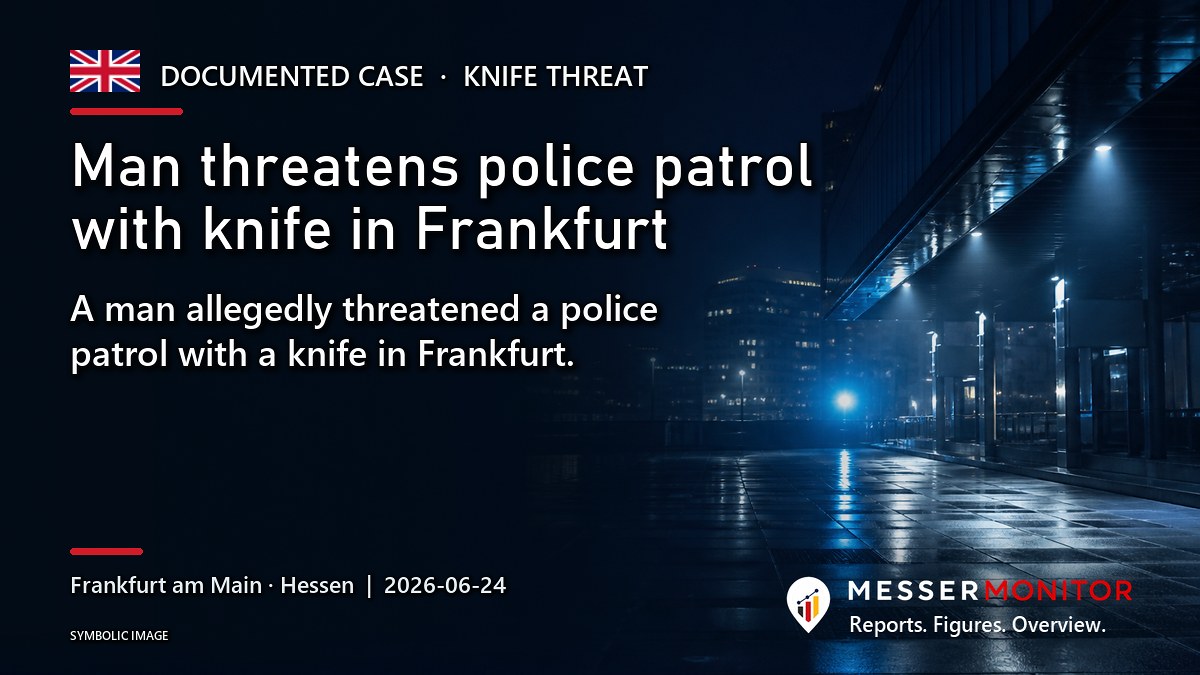 Title image: Man threatens police patrol with knife in Frankfurt. A man allegedly threatened a police patrol with a knife in Frankfurt..