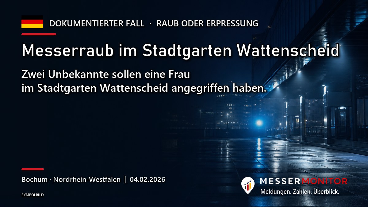 Titelgrafik: Messerraub im Stadtgarten Wattenscheid. Zwei Unbekannte sollen eine Frau im Stadtgarten Wattenscheid angegriffen haben..