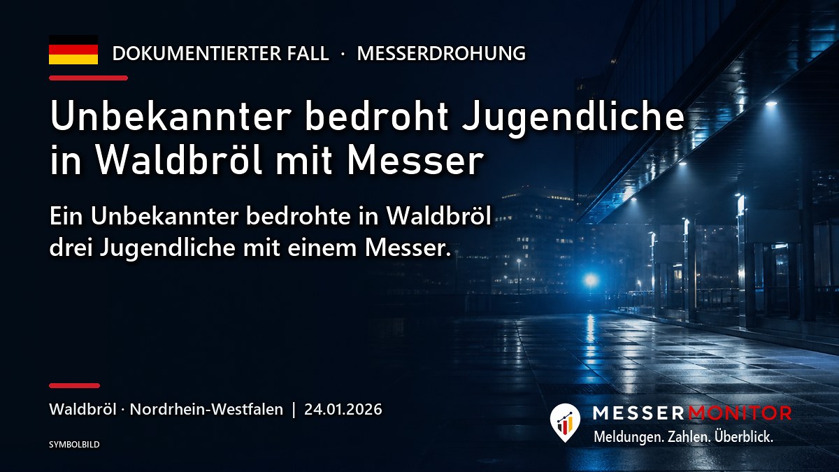 Titelgrafik: Unbekannter bedroht Jugendliche in Waldbröl mit Messer. Ein Unbekannter bedrohte in Waldbröl drei Jugendliche mit einem Messer..