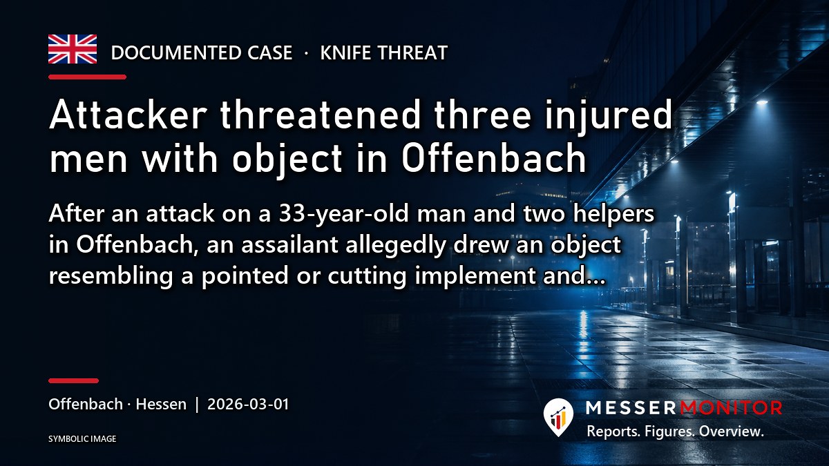 Title image: Attacker threatened three injured men with object in Offenbach. After an attack on a 33-year-old man and two helpers in Offenbach, an assailant allegedly drew an object resembling a pointed or cutting implement and….