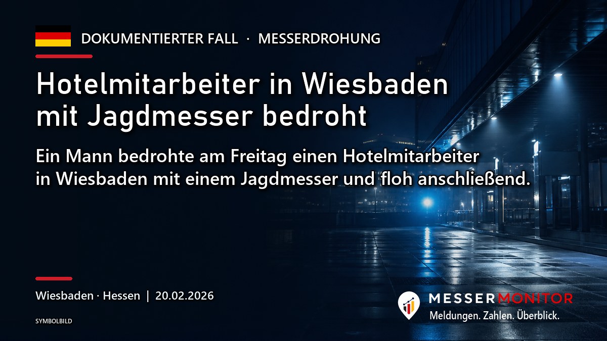 Titelgrafik: Hotelmitarbeiter in Wiesbaden mit Jagdmesser bedroht. Ein Mann bedrohte am Freitag einen Hotelmitarbeiter in Wiesbaden mit einem Jagdmesser und floh anschließend..