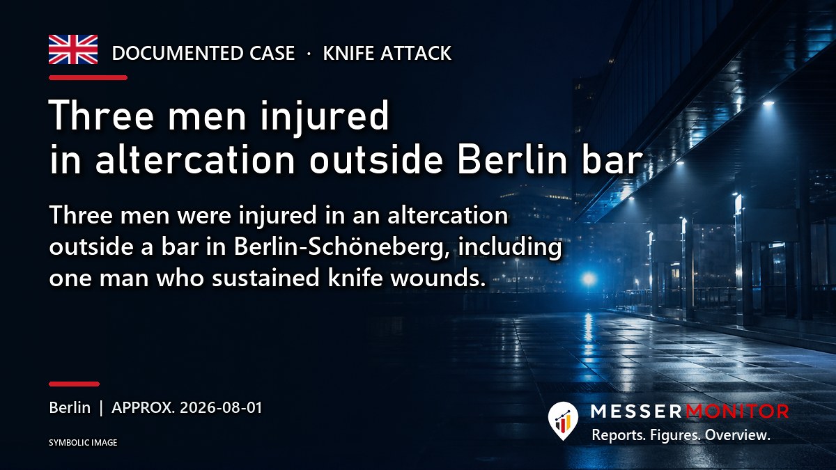 Title image: Three men injured in altercation outside Berlin bar. Three men were injured in an altercation outside a bar in Berlin-Schöneberg, including one man who sustained knife wounds..