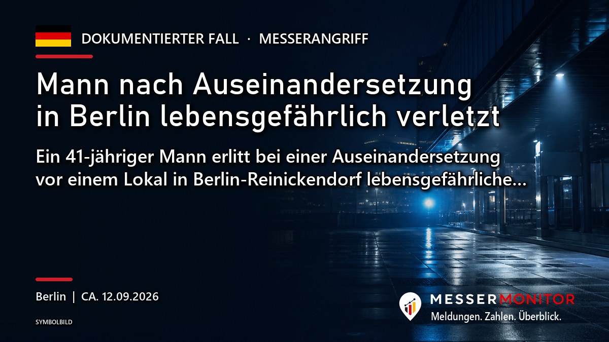 Titelgrafik: Mann nach Auseinandersetzung in Berlin lebensgefährlich verletzt. Ein 41-jähriger Mann erlitt bei einer Auseinandersetzung vor einem Lokal in Berlin-Reinickendorf lebensgefährliche…