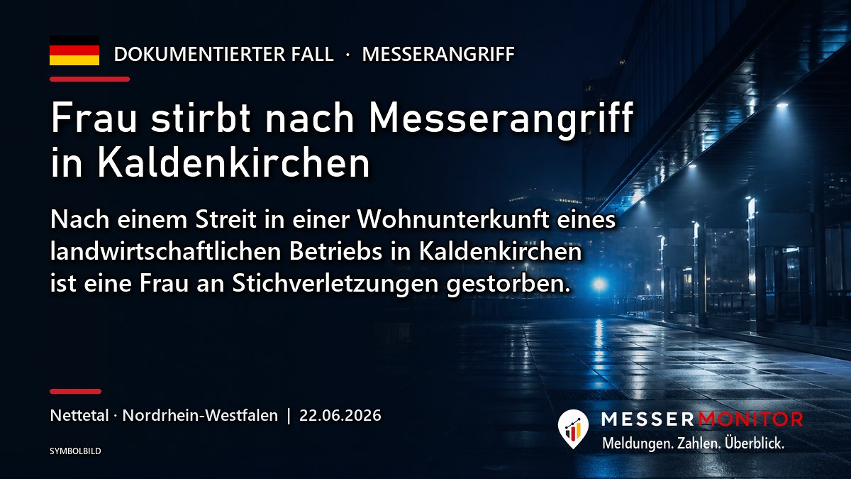 Titelgrafik: Frau stirbt nach Messerangriff in Kaldenkirchen. Nach einem Streit in einer Wohnunterkunft eines landwirtschaftlichen Betriebs in Kaldenkirchen ist eine Frau an Stichverletzungen gestorben..
