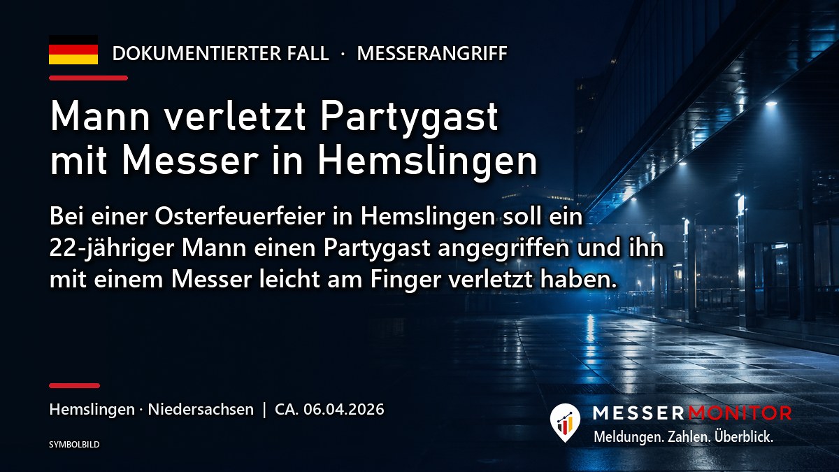 Titelgrafik: Mann verletzt Partygast mit Messer in Hemslingen. Bei einer Osterfeuerfeier in Hemslingen soll ein 22-jähriger Mann einen Partygast angegriffen und ihn mit einem Messer leicht am Finger verletzt haben..