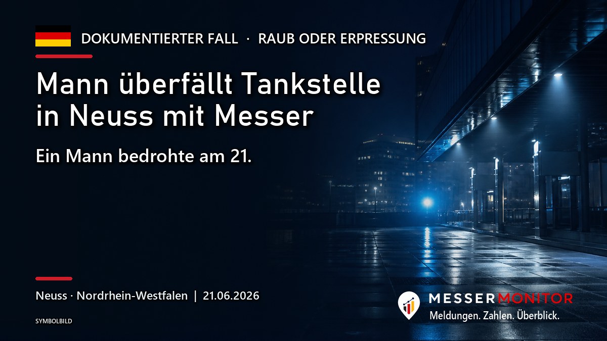 Titelgrafik: Mann überfällt Tankstelle in Neuss mit Messer. Ein Mann bedrohte am 21..