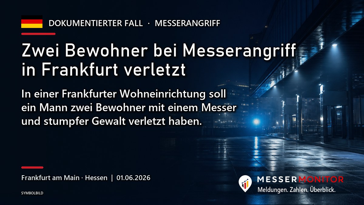 Titelgrafik: Zwei Bewohner bei Messerangriff in Frankfurt verletzt. In einer Frankfurter Wohneinrichtung soll ein Mann zwei Bewohner mit einem Messer und stumpfer Gewalt verletzt haben..