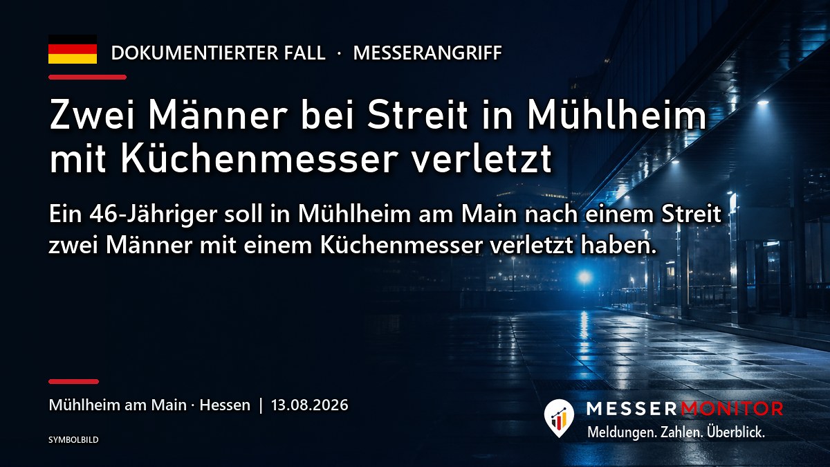 Titelgrafik: Zwei Männer bei Streit in Mühlheim mit Küchenmesser verletzt. Ein 46-Jähriger soll in Mühlheim am Main nach einem Streit zwei Männer mit einem Küchenmesser verletzt haben..