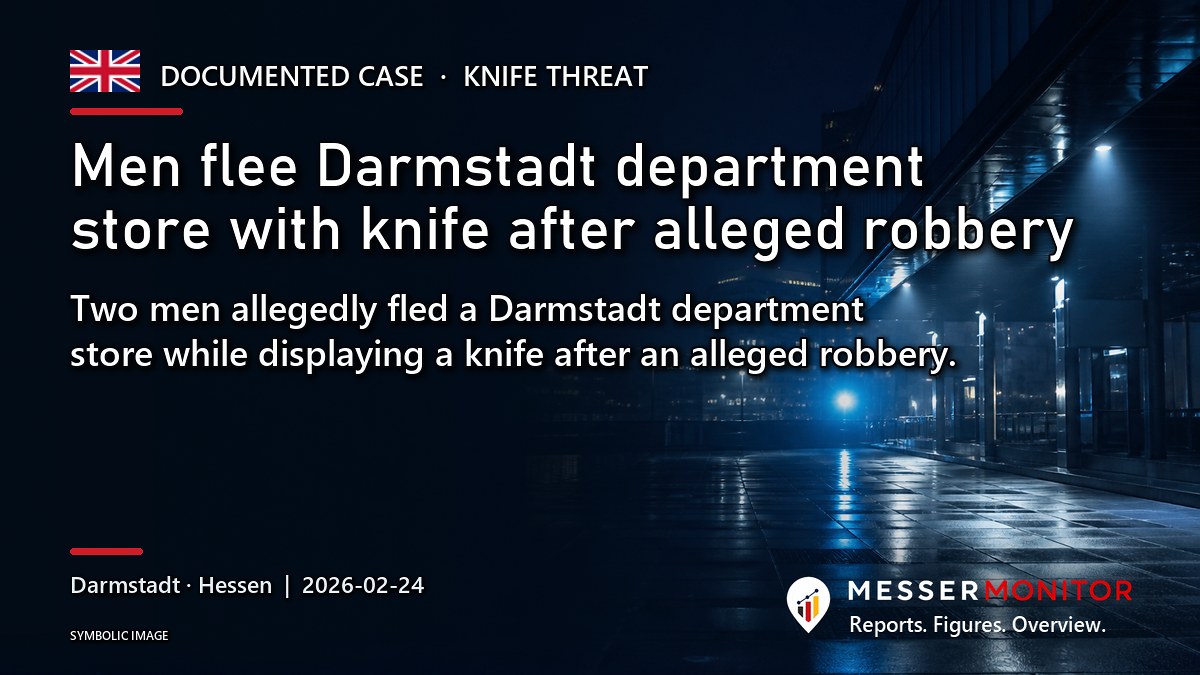 Title image: Men flee Darmstadt department store with knife after alleged robbery. Two men allegedly fled a Darmstadt department store while displaying a knife after an alleged robbery..