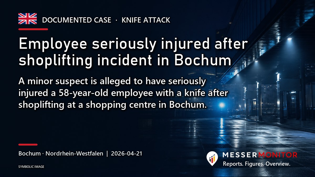 Title image: Employee seriously injured after shoplifting incident in Bochum. A minor suspect is alleged to have seriously injured a 58-year-old employee with a knife after shoplifting at a shopping centre in Bochum..