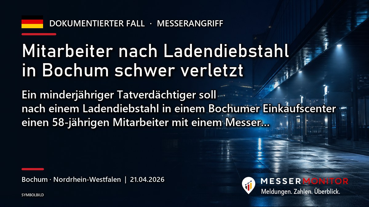 Titelgrafik: Mitarbeiter nach Ladendiebstahl in Bochum schwer verletzt. Ein minderjähriger Tatverdächtiger soll nach einem Ladendiebstahl in einem Bochumer Einkaufscenter einen 58-jährigen Mitarbeiter mit einem Messer….