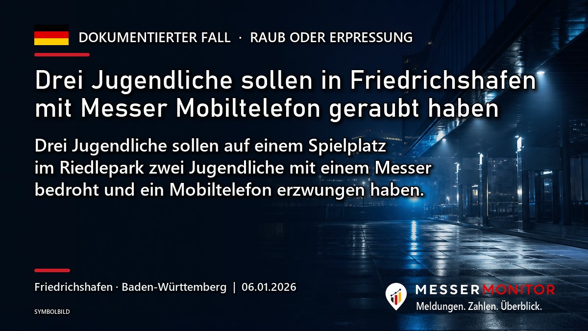 Titelgrafik: Drei Jugendliche sollen in Friedrichshafen mit Messer Mobiltelefon geraubt haben. Drei Jugendliche sollen auf einem Spielplatz im Riedlepark zwei Jugendliche mit einem Messer bedroht und ein Mobiltelefon erzwungen haben..