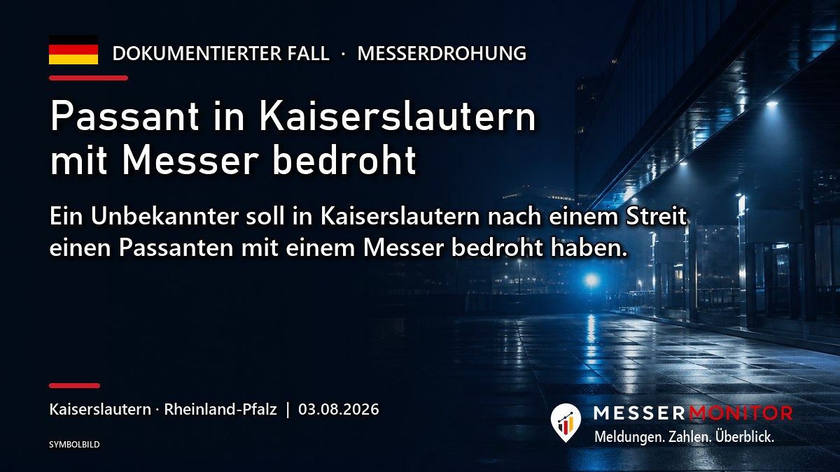 Titelgrafik: Passant in Kaiserslautern mit Messer bedroht. Ein Unbekannter soll in Kaiserslautern nach einem Streit einen Passanten mit einem Messer bedroht haben..