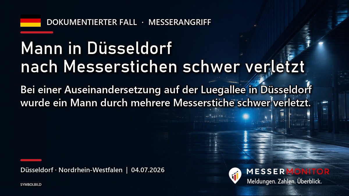 Titelgrafik: Mann in Düsseldorf nach Messerstichen schwer verletzt. Bei einer Auseinandersetzung auf der Luegallee in Düsseldorf wurde ein Mann durch mehrere Messerstiche schwer verletzt..