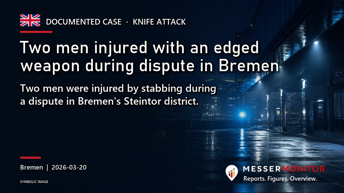 Title image: Two men injured with an edged weapon during dispute in Bremen. Two men were injured by stabbing during a dispute in Bremen's Steintor district..