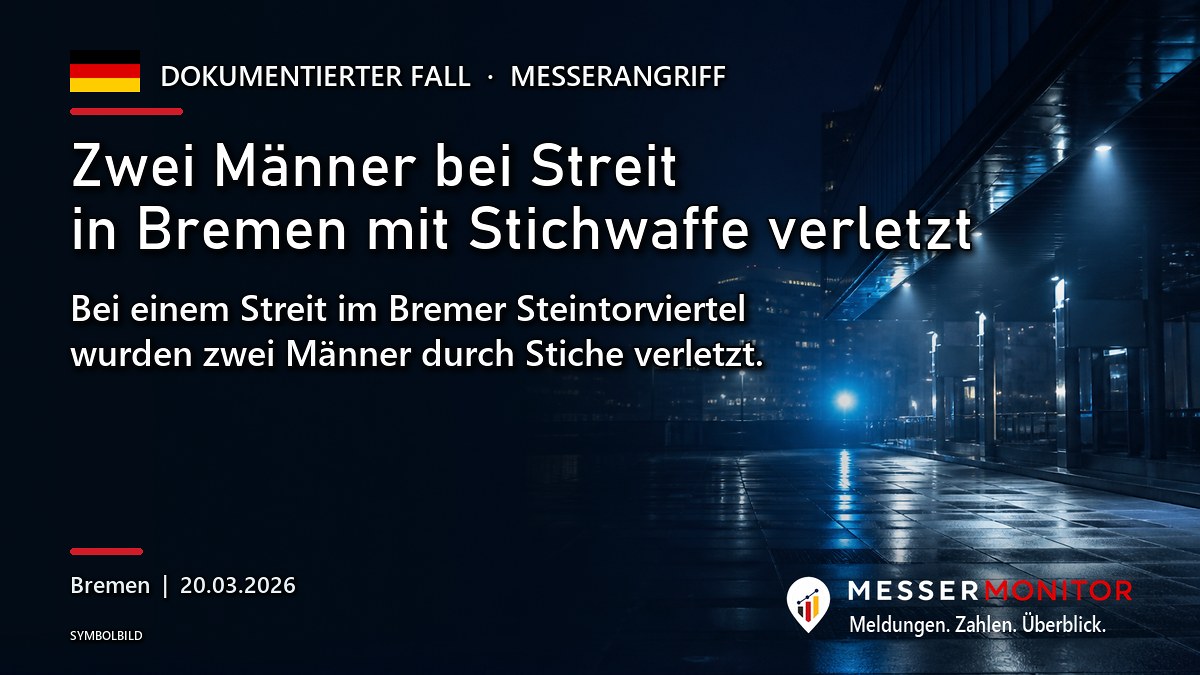 Titelgrafik: Zwei Männer bei Streit in Bremen mit Stichwaffe verletzt. Bei einem Streit im Bremer Steintorviertel wurden zwei Männer durch Stiche verletzt..