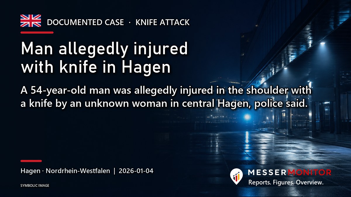 Title image: Man allegedly injured with knife in Hagen. A 54-year-old man was allegedly injured in the shoulder with a knife by an unknown woman in central Hagen, police said..