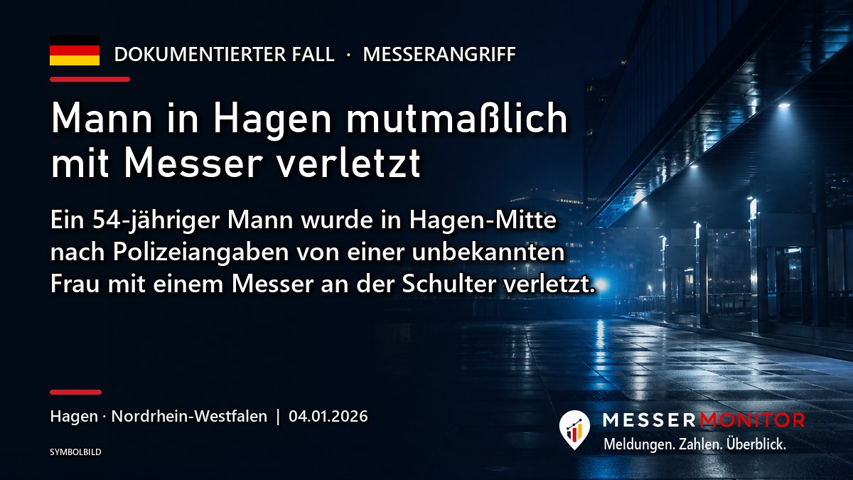 Titelgrafik: Mann in Hagen mutmaßlich mit Messer verletzt. Ein 54-jähriger Mann wurde in Hagen-Mitte nach Polizeiangaben von einer unbekannten Frau mit einem Messer an der Schulter verletzt..