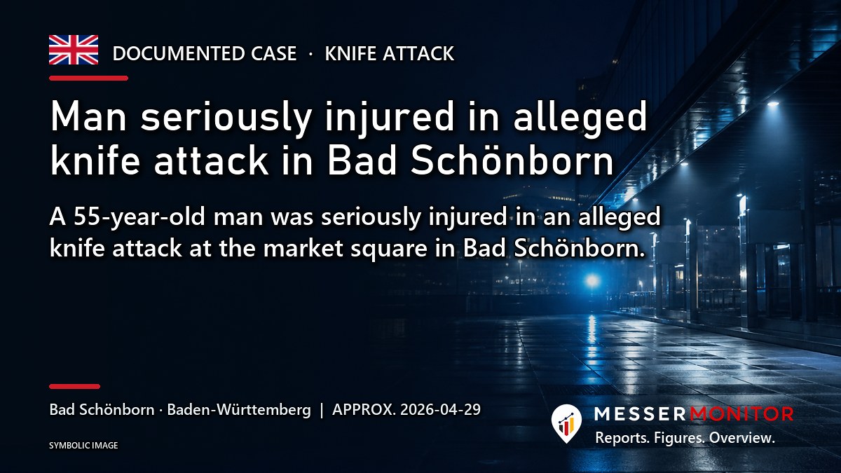 Title image: Man seriously injured in alleged knife attack in Bad Schönborn. A 55-year-old man was seriously injured in an alleged knife attack at the market square in Bad Schönborn..