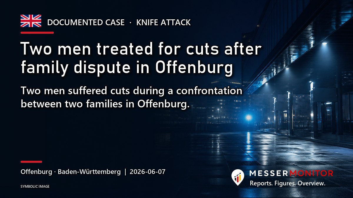 Title image: Two men treated for cuts after family dispute in Offenburg. Two men suffered cuts during a confrontation between two families in Offenburg..