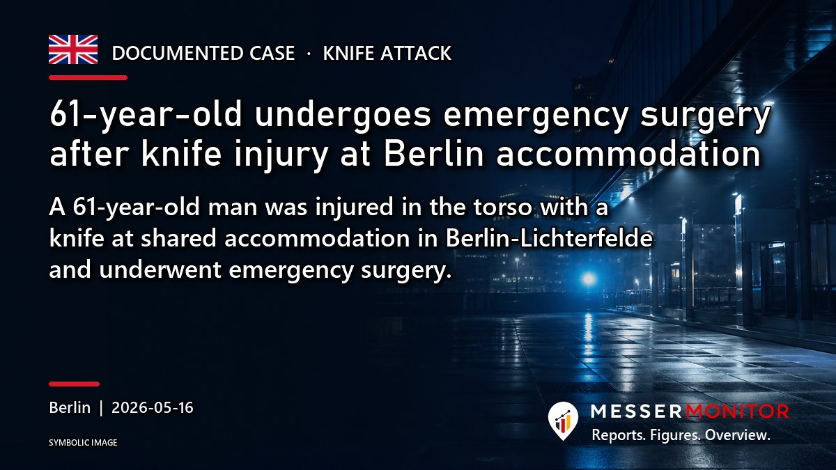 Title image: 61-year-old undergoes emergency surgery after knife injury at Berlin accommodation. A 61-year-old man was injured in the torso with a knife at shared accommodation in Berlin-Lichterfelde and underwent emergency surgery..
