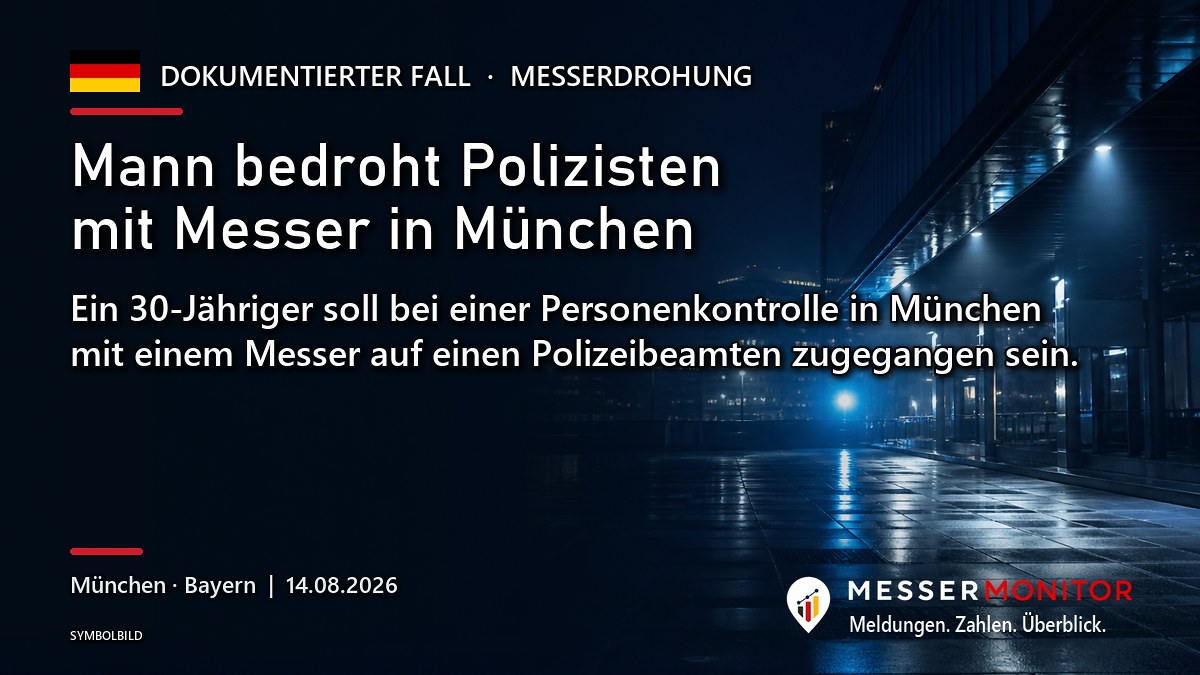 Titelgrafik: Mann bedroht Polizisten mit Messer in München. Ein 30-Jähriger soll bei einer Personenkontrolle in München mit einem Messer auf einen Polizeibeamten zugegangen sein..