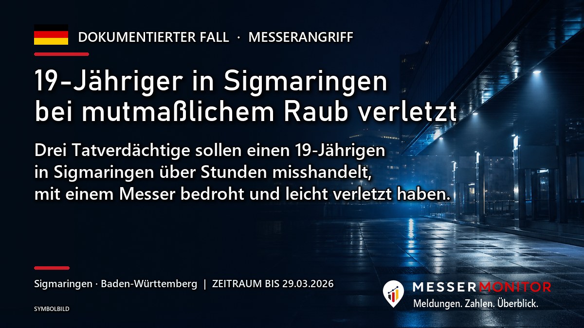 Titelgrafik: 19-Jähriger in Sigmaringen bei mutmaßlichem Raub verletzt. Drei Tatverdächtige sollen einen 19-Jährigen in Sigmaringen über Stunden misshandelt, mit einem Messer bedroht und leicht verletzt haben..