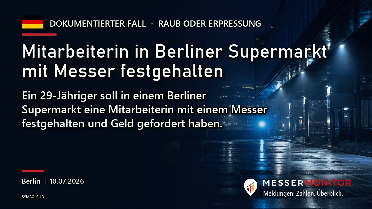 Titelgrafik: Mitarbeiterin in Berliner Supermarkt mit Messer festgehalten. Ein 29-Jähriger soll in einem Berliner Supermarkt eine Mitarbeiterin mit einem Messer festgehalten und Geld gefordert haben..