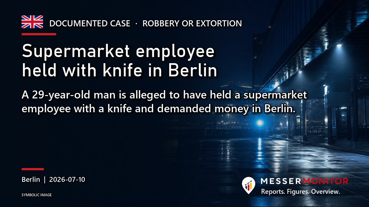 Title image: Supermarket employee held with knife in Berlin. A 29-year-old man is alleged to have held a supermarket employee with a knife and demanded money in Berlin..