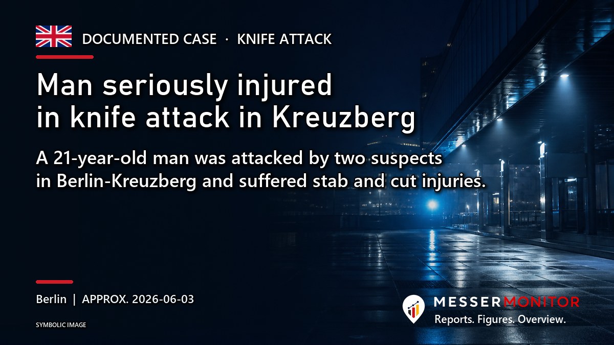 Title image: Man seriously injured in knife attack in Kreuzberg. A 21-year-old man was attacked by two suspects in Berlin-Kreuzberg and suffered stab and cut injuries..