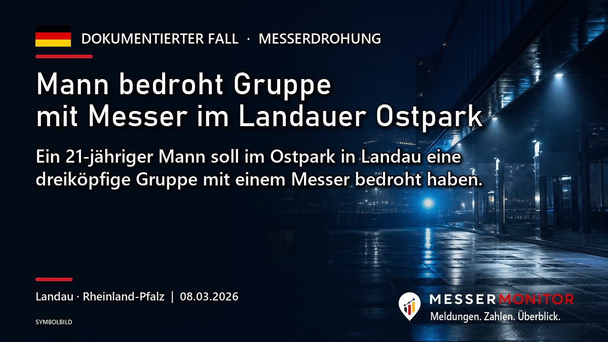 Titelgrafik: Mann bedroht Gruppe mit Messer im Landauer Ostpark. Ein 21-jähriger Mann soll im Ostpark in Landau eine dreiköpfige Gruppe mit einem Messer bedroht haben..