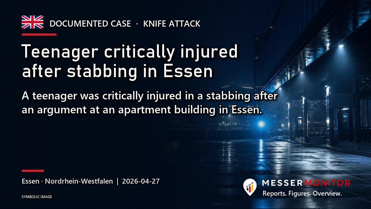 Title image: Teenager critically injured after stabbing in Essen. A teenager was critically injured in a stabbing after an argument at an apartment building in Essen..