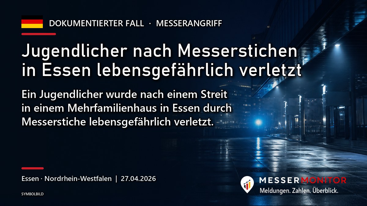 Titelgrafik: Jugendlicher nach Messerstichen in Essen lebensgefährlich verletzt. Ein Jugendlicher wurde nach einem Streit in einem Mehrfamilienhaus in Essen durch Messerstiche lebensgefährlich verletzt..