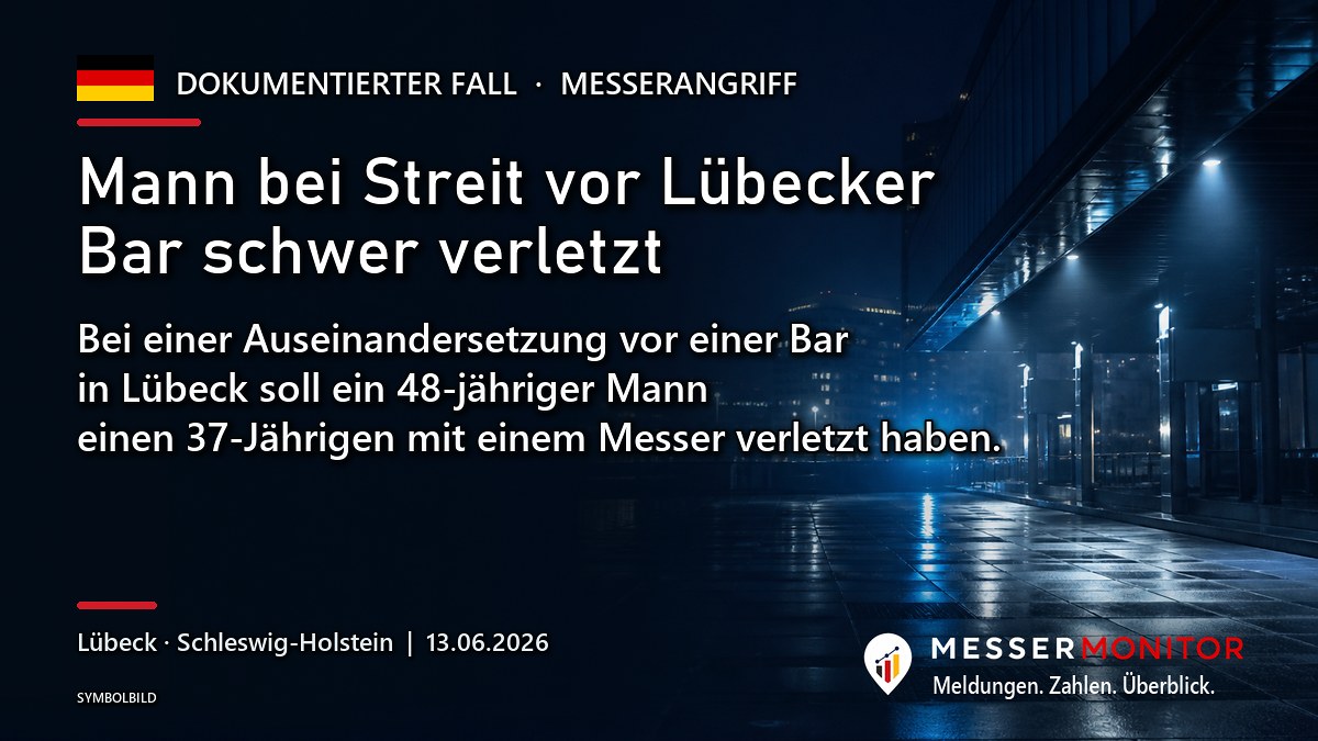Titelgrafik: Mann bei Streit vor Lübecker Bar schwer verletzt. Bei einer Auseinandersetzung vor einer Bar in Lübeck soll ein 48-jähriger Mann einen 37-Jährigen mit einem Messer verletzt haben..
