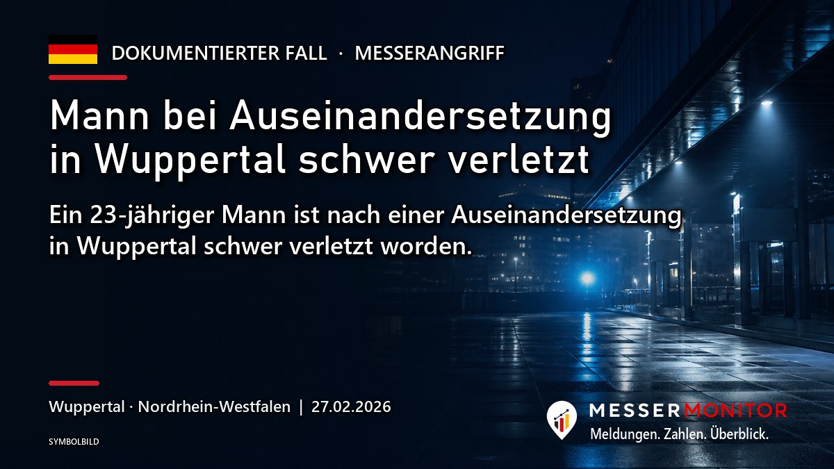 Titelgrafik: Mann bei Auseinandersetzung in Wuppertal schwer verletzt. Ein 23-jähriger Mann ist nach einer Auseinandersetzung in Wuppertal schwer verletzt worden..