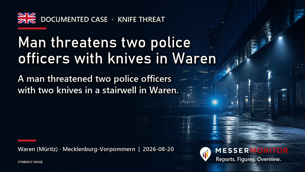 Title image: Man threatens two police officers with knives in Waren. A man threatened two police officers with two knives in a stairwell in Waren..