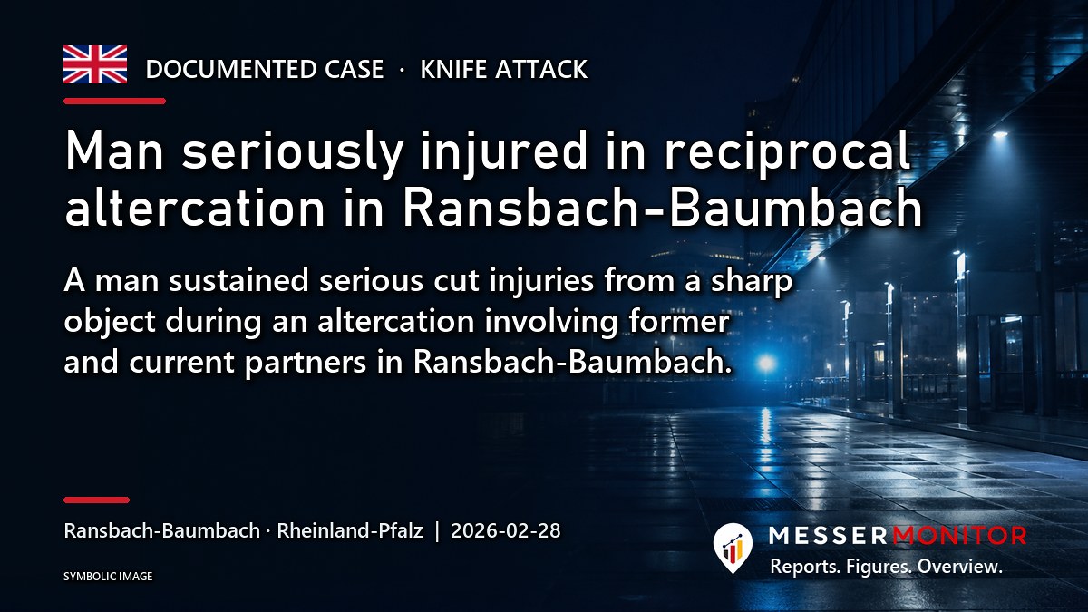 Title image: Man seriously injured in reciprocal altercation in Ransbach-Baumbach. A man sustained serious cut injuries from a sharp object during an altercation involving former and current partners in Ransbach-Baumbach..