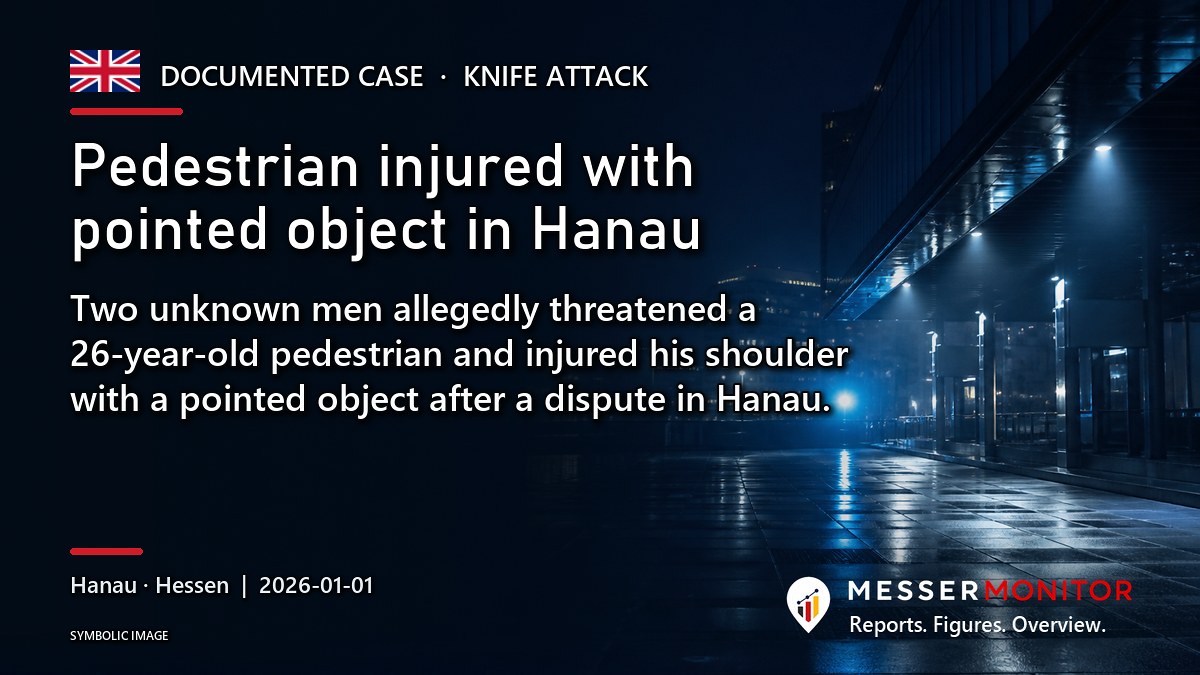 Title image: Pedestrian injured with pointed object in Hanau. Two unknown men allegedly threatened a 26-year-old pedestrian and injured his shoulder with a pointed object after a dispute in Hanau..